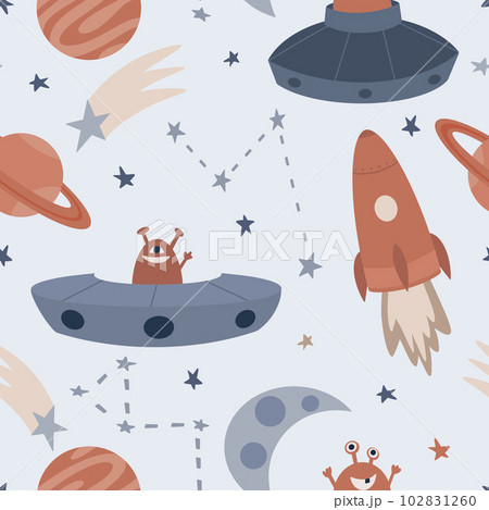 Vector hand-drawn seamless repeating color simple flat pattern with different rockets, planets and doodles on a white background. Vector hand-drawn seamless repeating color simple flat pattern with different rockets, planets and doodles on a white background. 102831260