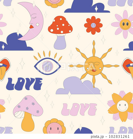 Groovy hippie 1970s background. Funny cartoon flower, rainbow, peace, Love, heart, daisy, mushroom etc. Groovy hippie 1970s background. Funny cartoon flower, rainbow, peace, Love, heart, daisy, mushroom etc. 102831261