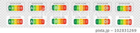 Nutri-Score labels with classification letters on transparent background. Nutritional quality of foods stickers used in Europe products rating system 102831269
