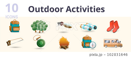 Outdoor activities set. Creative icons: backpack bag, forest, mosquito, binoculars, boots, bow saw, camp water canteen, campfire, compass, caravan. Outdoor activities set. Creative icons: backpack bag, forest, mosquito, binoculars, boots, bow saw, camp water canteen, campfire, compass, caravan. 102831646