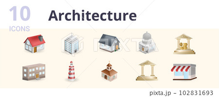 Architecture set. Creative icons: home, office, villa, goverment, bank, school, lighthouse, church, museum, shop. 102831693
