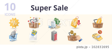 Super sale set. Creative icons: big sale, product promotion, shopping center, discount tag, price tag, black friday, gift card, fitting room, buy now, free shipping. 102831695
