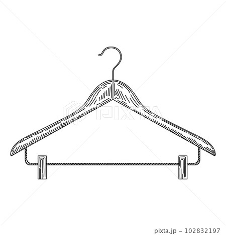 Wooden coat hanger with clothespins in vintage engraved style. Sketch of coat hanger. Wooden coat hanger with clothespins in vintage engraved style. Sketch of coat hanger. 102832197