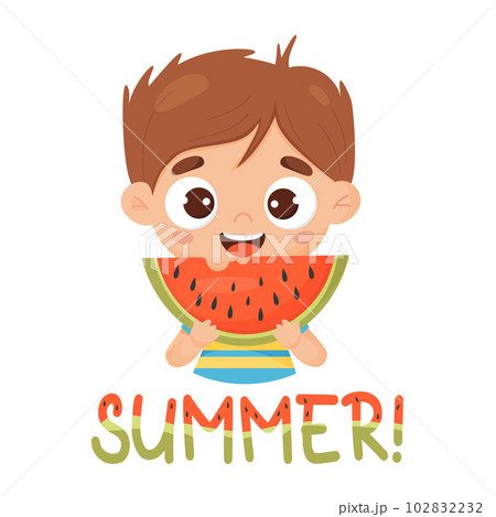 Happy boy with piece of watermelon. Cute cartoon child eats watermelon. Vector illustration. Kids summer card 102832232