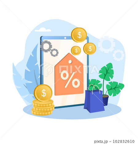 Sales management illustration. Label, gear, coin, bag, plant. Editable vector graphic design. Sales management illustration. Label, gear, coin, bag, plant. Editable vector graphic design. 102832610