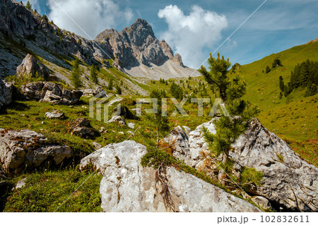 landscape with mountains, clouds, rocks and trees 102832611