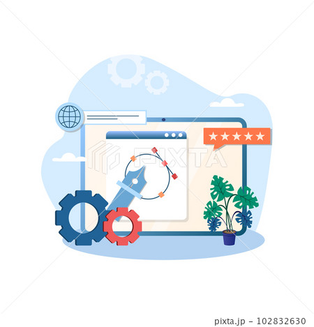 Project management illustration. Pen, gear, stars, screen. Editable vector graphic design. 102832630