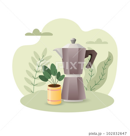 Moka Pot illustration. Coffeemaker, pot, houseflower, handle, steel. Editable vector graphic design. Moka Pot illustration. Coffeemaker, pot, houseflower, handle, steel. Editable vector graphic design. 102832647