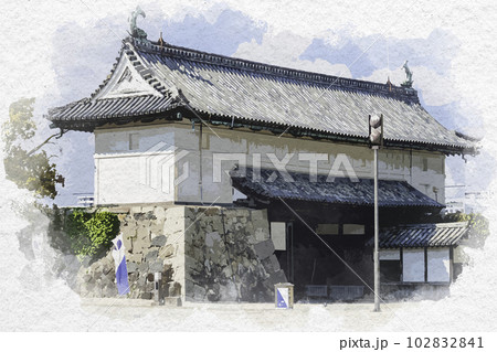 水彩画風　佐賀城跡　鯱の門　佐賀県佐賀市 102832841