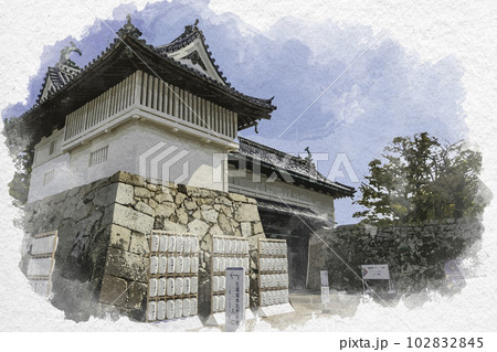 水彩画風　佐賀城跡　鯱の門　佐賀県佐賀市 102832845