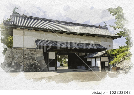 水彩画風 佐賀城跡 鯱の門 佐賀県佐賀市 水彩画風 佐賀城跡 鯱の門 佐賀県佐賀市 102832848