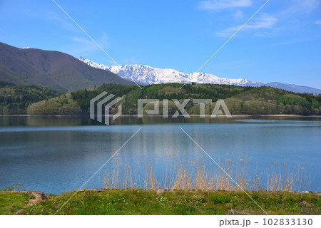 《長野県》春の大町市　新緑の青木湖と残雪の白馬三山 102833130