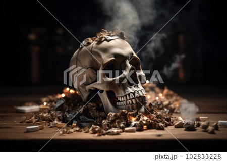 The creative idea of a human skull surrounded by smoke and cigarettes, representing the deadly consequences of tobacco use on health, captured by AI Generative for No Tobacco Day. 102833228