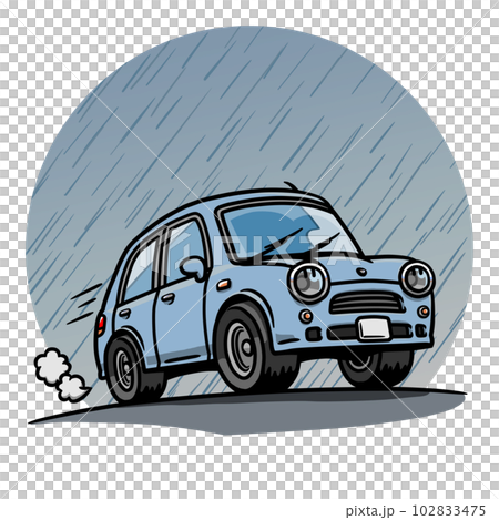 雨中路上行駛的淺藍色汽車插畫 102833475