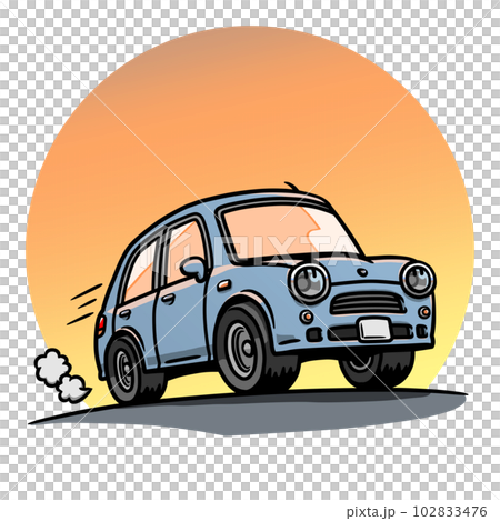夕陽下公路上行駛的淡藍色汽車插畫 102833476