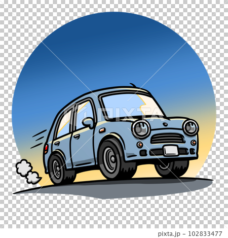 朝焼けを背景にドライブする薄青色の自動車のイラスト 朝焼けを背景にドライブする薄青色の自動車のイラスト 102833477