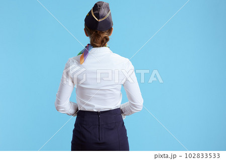 Seen from behind modern female air hostess on blue 102833533