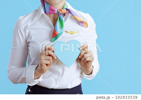 Closeup on elegant air hostess woman on blue Closeup on elegant air hostess woman on blue 102833539