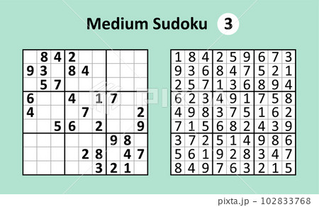 Sudoku game with answers. Medium complexity. Simple vector 102833768