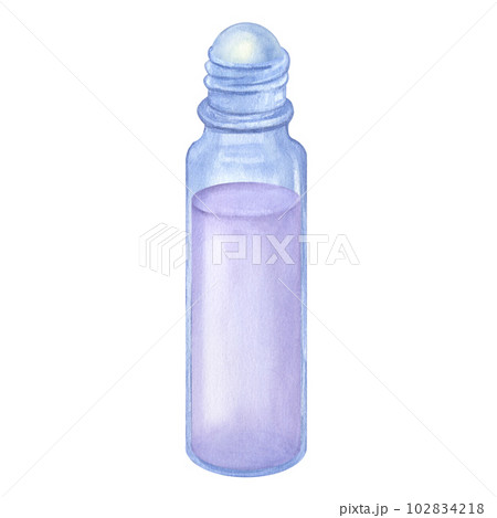 Glass roller ball bottle cosmetic lavender lilac essential oil. Hand draw watercolor illustration isolated on white background. Cosmetology, aromatherapy, skincare Glass roller ball bottle cosmetic lavender lilac essential oil. Hand draw watercolor illustration isolated on white background. Cosmetology, aromatherapy, skincare 102834218