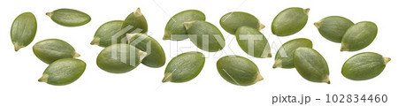 Pumpkin green seed set isolated on white background. Single and double seeds 102834460