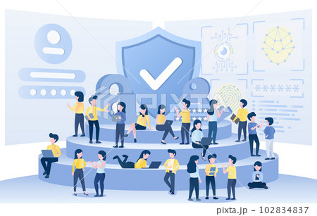 A group of business people meet to discuss, plan, think and brainstorm on data protection. Share ideas and strategy. Analyze data and develop innovative solutions. 102834837