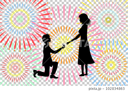 花火大会でプロポーズをする男性とそれを受け入れる女性のシルエット。 102834863