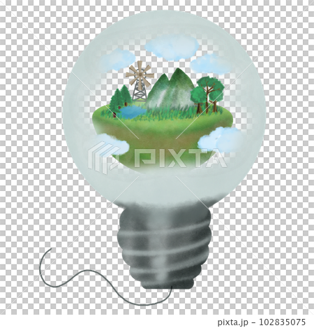 eco energy concept, earth in a light bulb drawing, illustration. Windmill and mountain. Eco friendly drawing 102835075