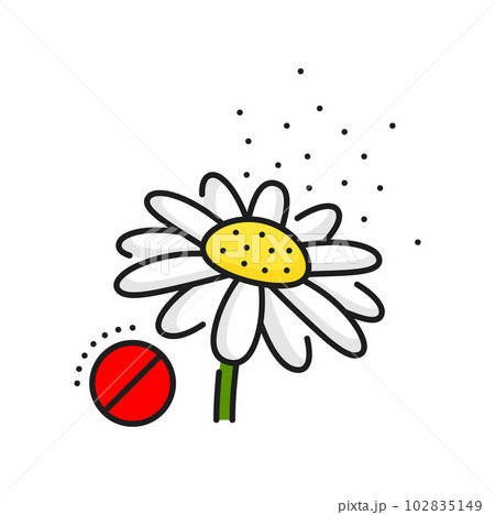 Flower pollen allergy color line icon. Respiratory disease, spring seasonal allergy thin line vector pictogram. Breathing problem, plant pollen allergen outline sign or icon with chamomile flower Flower pollen allergy color line icon. Respiratory disease, spring seasonal allergy thin line vector pictogram. Breathing problem, plant pollen allergen outline sign or icon with chamomile flower 102835149
