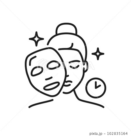 Facial mask icon, face skin care and beauty cosmetics, vector instruction line pictogram. Woman skincare and face treatment facial mask icon with clock for anti aging and moisturizing face mask pack 102835164