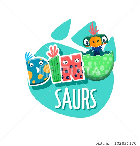 Baby dinosaur, dino egg and footprint. Jurassic era funny reptile or lizard, extinct prehistoric animal or newborn bird cute vector personage. Paleontology baby dinosaur comical mascot in egg shell 102835170
