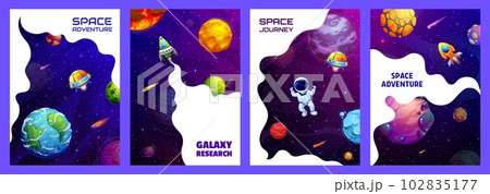 Space landing pages and posters, space adventure, research and journey, vector website templates. Galaxy landing pages with astronauts in spaceships, UFO, planets and stars or cartoon rockets 102835177
