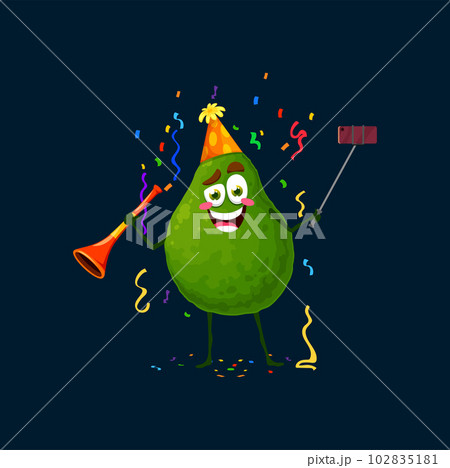 Avocado cartoon character cheer at holiday party. Healthy fruit personage wear festive hat, making selfie and blow pipe under colorful falling confetti at birthday or anniversary celebration occasion 102835181