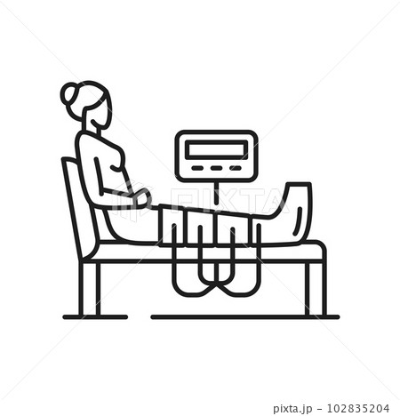 Ultrasound treatment of varicose veins and edema outline icon. Vector ultrasound of veins in legs, phlebologist and laser, diagnosis of thrombosis 102835204