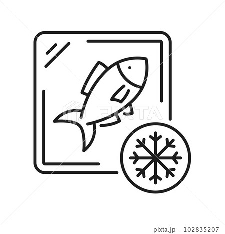 Frozen food, preserved fish line icon. Vector frosted organic seafood, canned cold salmon or cod and snowflake sign 102835207