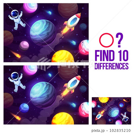 Find ten differences. Cartoon astronaut in outer space kids game puzzle quiz. Vector worksheet of picture matching game with space landscape, rocket, planets, stars and spaceman with helmet and suit Find ten differences. Cartoon astronaut in outer space kids game puzzle quiz. Vector worksheet of picture matching game with space landscape, rocket, planets, stars and spaceman with helmet and suit 102835210
