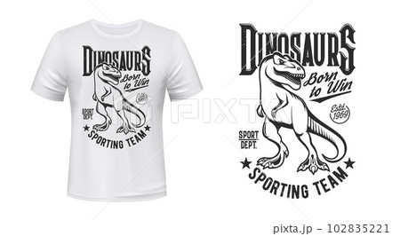 Tyrannosaurus rex, t-rex dinosaur sport mascot t-shirt print. Extinct lizard, Jurassic era dinosaur or raptor sport team clothing vector emblem. T-shirt custom print mockup with sketch Tyrannosaurus 102835221