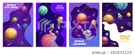 Space landing page. Starry galaxy, planets and rocket spaceship. Company landing page layout, startup launch site vector template or project posters with cartoon rockets in outerspace, planets 102835224