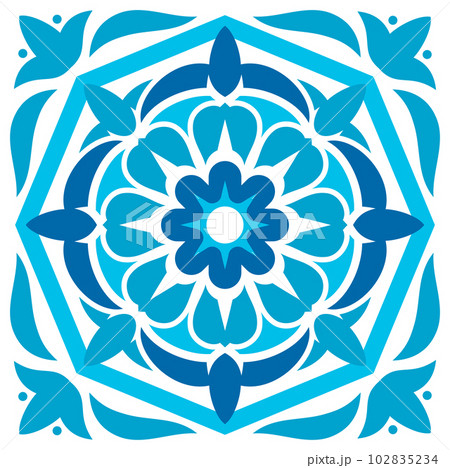 Azulejo floor tile abstract geometric majolica. Vector mediterranean pattern, portuguese floor tiles azulejo design, cement talavera mosaic Azulejo floor tile abstract geometric majolica. Vector mediterranean pattern, portuguese floor tiles azulejo design, cement talavera mosaic 102835234