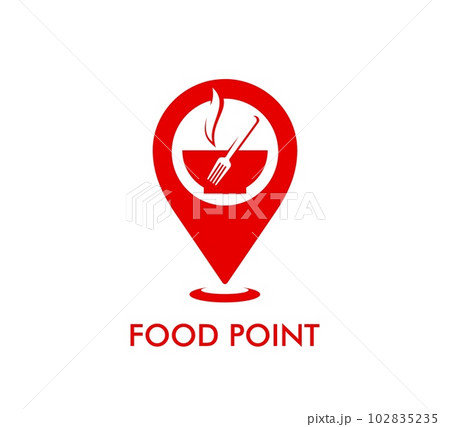 Restaurant map pointer icon, food point symbol of fork and bowl plate, vector cafe sign. Chef cuisine restaurant menu, fast food or food court and catering company emblem of red pin or location point 102835235