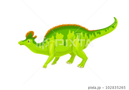 Cartoon lambeosaurus dinosaur character. Isolated vector herbivorous hadrosaur dino that lived in North America during the Cretaceous Period. Paleontology wildlife creature with green skin and crest Cartoon lambeosaurus dinosaur character. Isolated vector herbivorous hadrosaur dino that lived in North America during the Cretaceous Period. Paleontology wildlife creature with green skin and crest 102835265