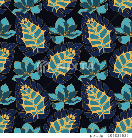 Dark blue pattern tropical leaves and Magnolia. Dark blue pattern tropical leaves and Magnolia. 102835683