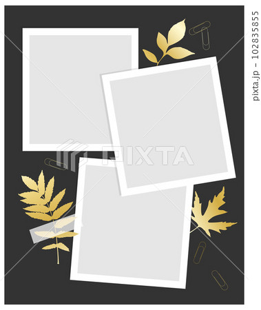 Template vintage collage for photo book, reminders, social media, notes, to do list. Scrapbooking herbarium gold leaves. 102835855