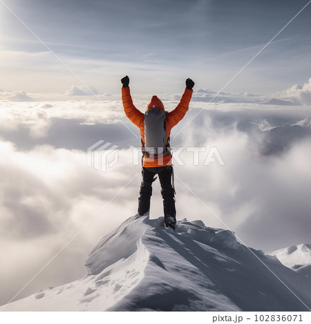 Climber on top of high snow-covered mountain above clouds rejoices with his hands up, beautiful landscape, unusual wallpaper, Climber on top of high snow-covered mountain above clouds rejoices with his hands up, beautiful landscape, unusual wallpaper, 102836071