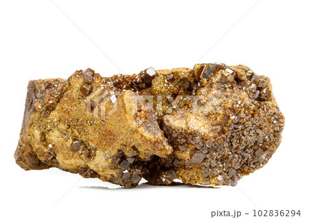Macro mineral stone Garnet, Green Garnet, Epidote Grossular in the rock on a white background 102836294