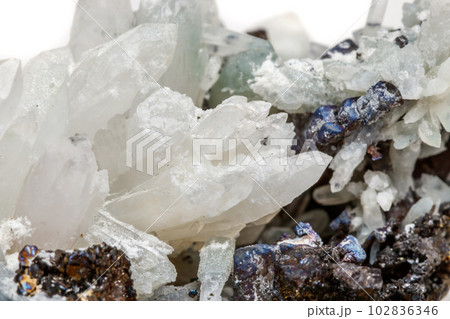 Macro mineral stone Drusus quartz with sphalerite in the rock a white background 102836346