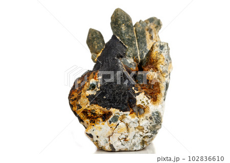 Macro mineral stone Quartz Hedenbergite Prase on ilvite on a white background 102836610