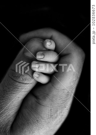 Close-up of a small hand of a child and the hand of mother and father. A newborn baby after birth holds tightly, squeezes the thumb of its parents. Black and white photography on a black background. 102836673
