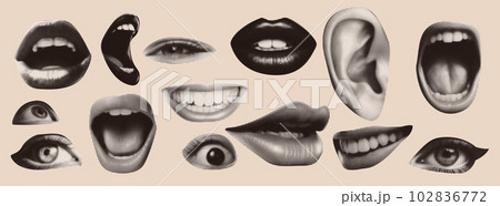 Punk collage elements. Eyes and lips and ear in halftone treatment. Retro magazine clippings. Vintage Vector illustration. Punk collage elements. Eyes and lips and ear in halftone treatment. Retro magazine clippings. Vintage Vector illustration. 102836772