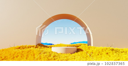 3d render Surreal green shaggy surface Grassland mountain landscape background in minimal concept, abstract fantastic dune, panoramic, futuristic beauty meadow.copy space, blue sky and cloudy 102837365